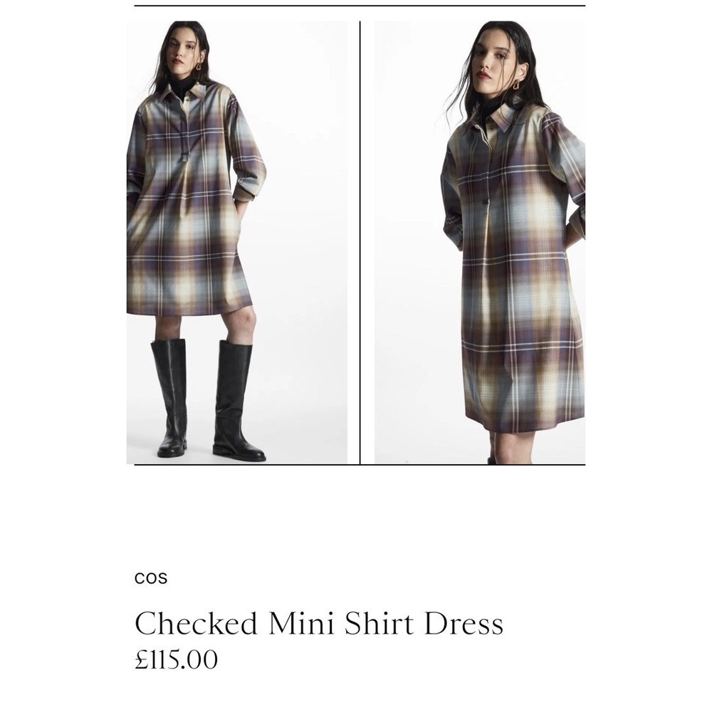 COS Ladies Small wool blend shades of blue plaid, Stretch shirt dress w/pockets